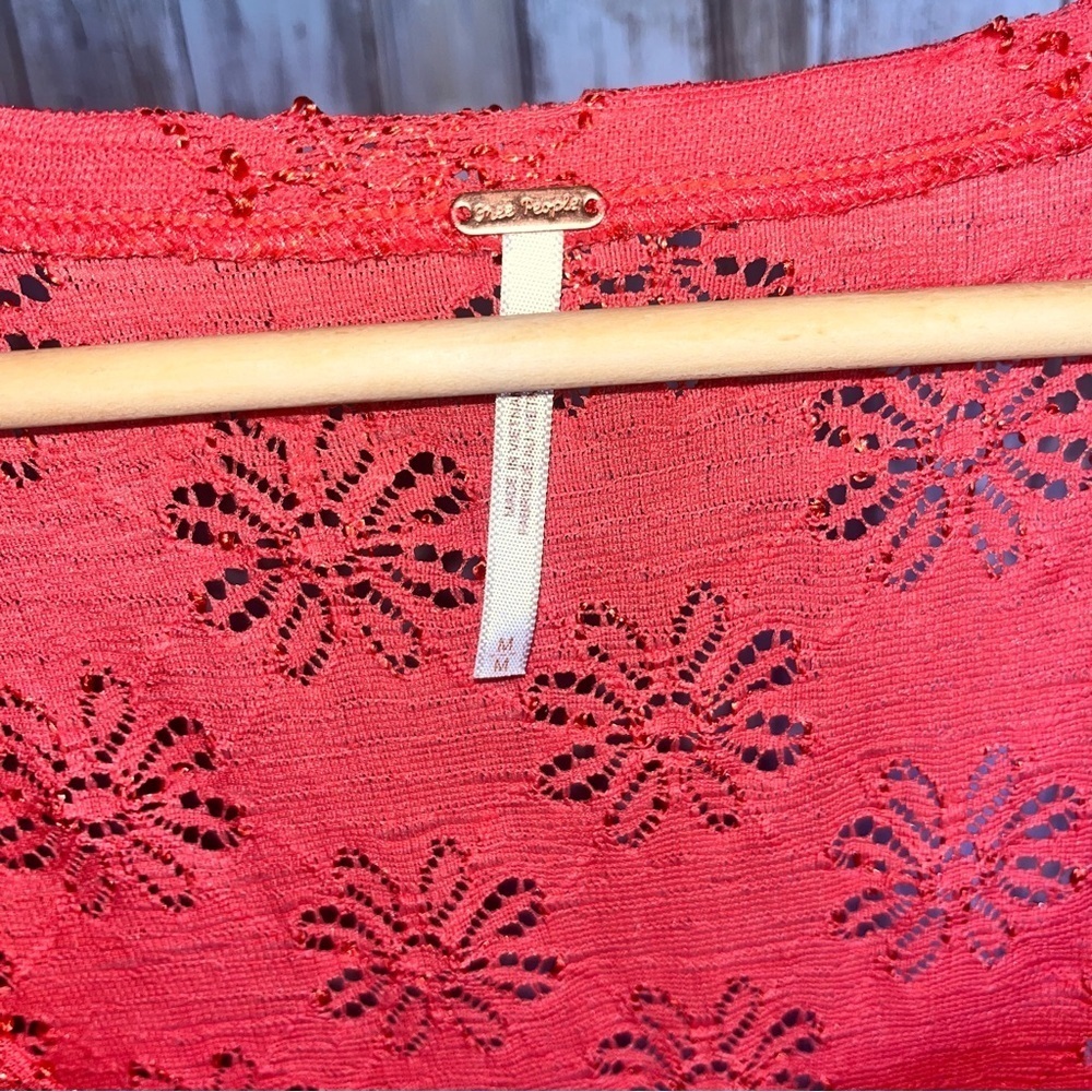 Free People Daisy Pointelle Peplum Top Persimmon Red Lace Square Neck Boho - Picture 6 of 6